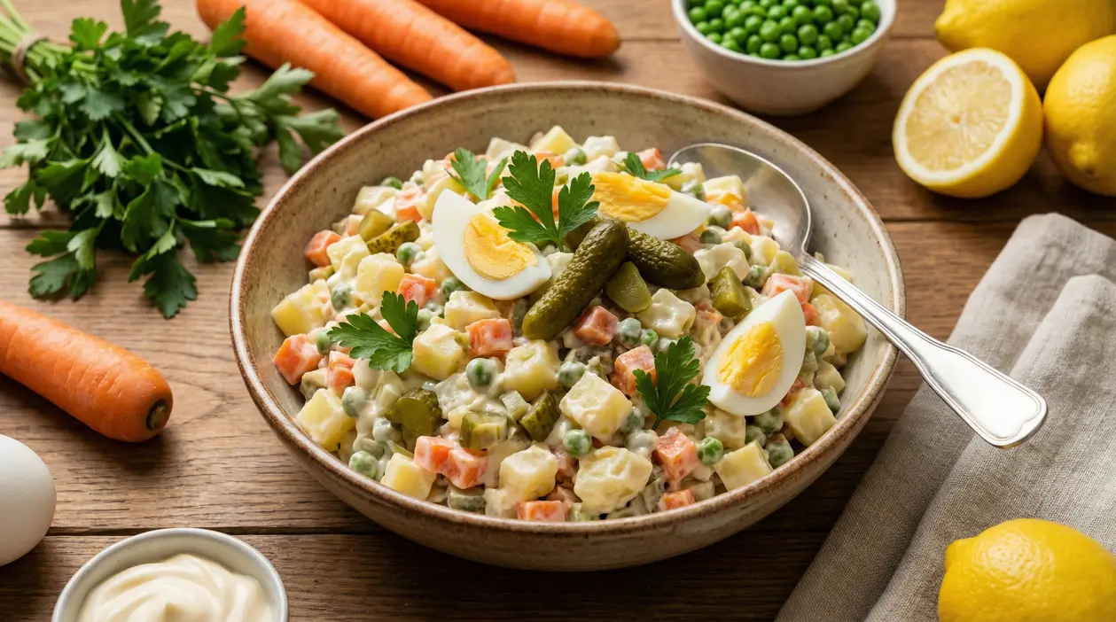 Insalata russa servita in una ciotola con uova sode, cetriolini e prezzemolo fresco