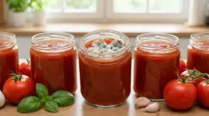 Barattoli di salsa di pomodoro, uno dei quali presenta muffa visibile in superficie