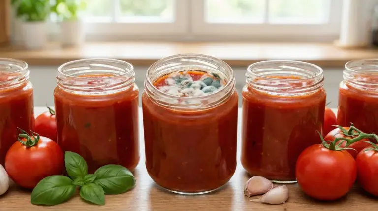Barattoli di salsa di pomodoro, uno dei quali presenta muffa visibile in superficie