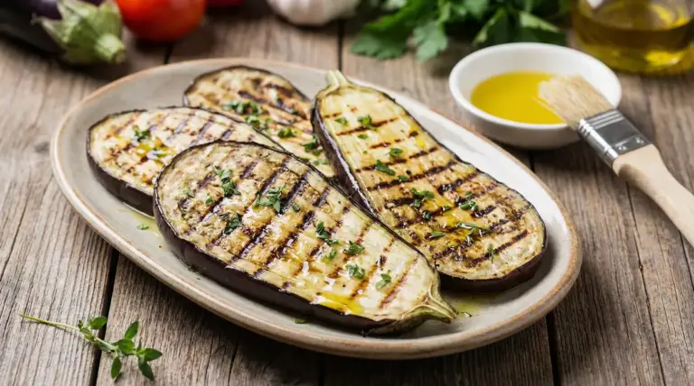 Fette di melanzane grigliate condite con olio e erbe su un piatto di ceramica