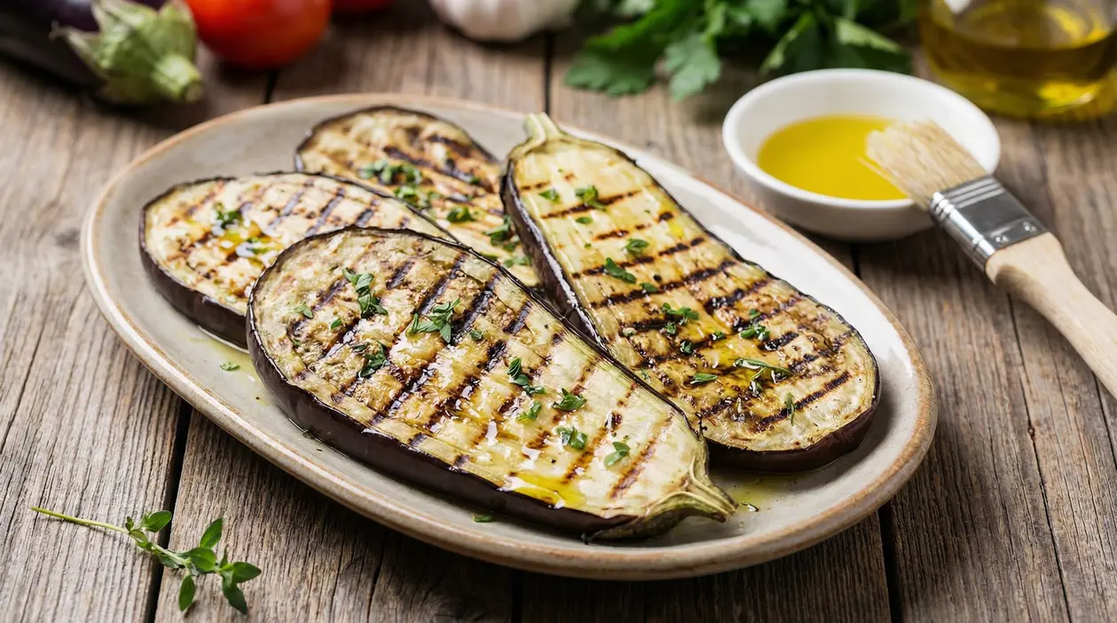 Fette di melanzane grigliate condite con olio e erbe su un piatto di ceramica