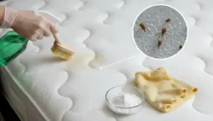 Pulizia profonda di un materasso con spazzola, spray e bicarbonato