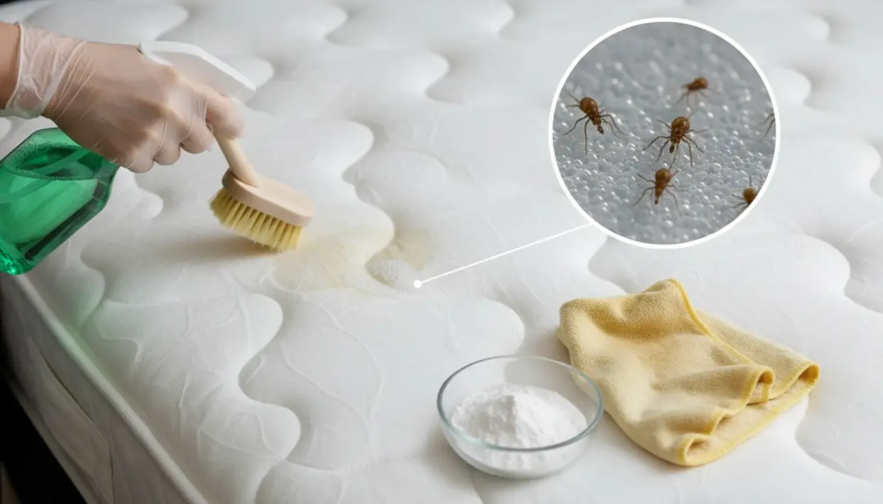 Pulizia profonda di un materasso con spazzola, spray e bicarbonato