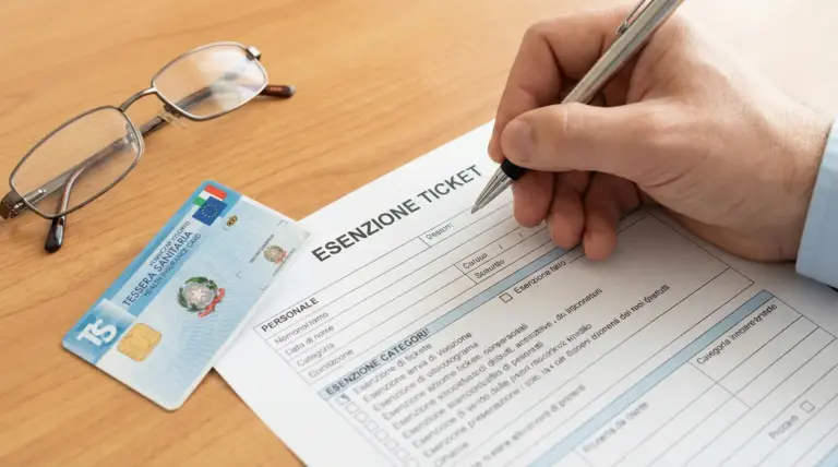 Persona compila un modulo per l'esenzione del ticket sanitario con tessera sanitaria sul tavolo