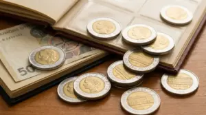 Monete da 500 lire bimetalliche italiane sparse vicino a un raccoglitore di banconote