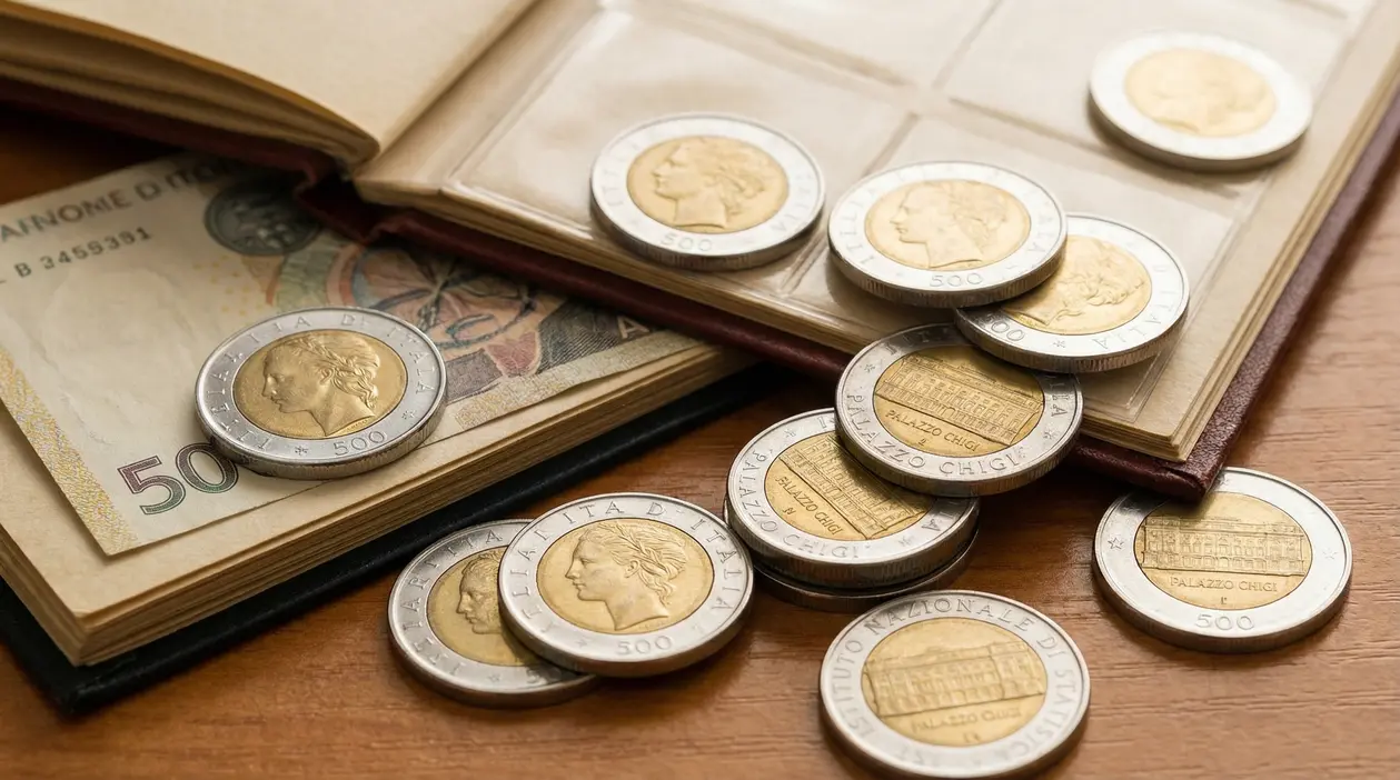Monete da 500 lire bimetalliche italiane sparse vicino a un raccoglitore di banconote