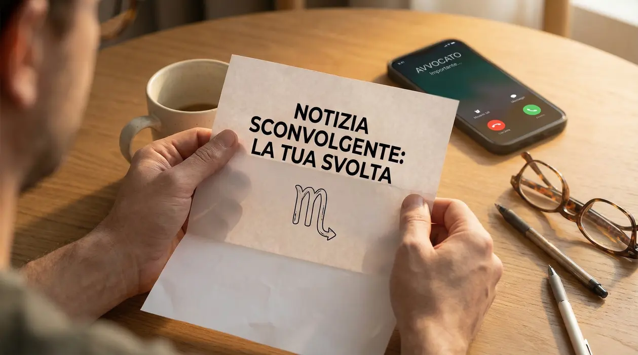 Persona che tiene una lettera con un simbolo zodiacale, seduta a un tavolo con un telefono e occhiali
