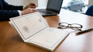 Documento aperto della Repubblica Italiana su una scrivania con occhiali e penna