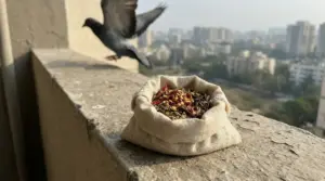 Un sacchetto di stoffa con spezie su un davanzale, con un piccione in volo sullo sfondo