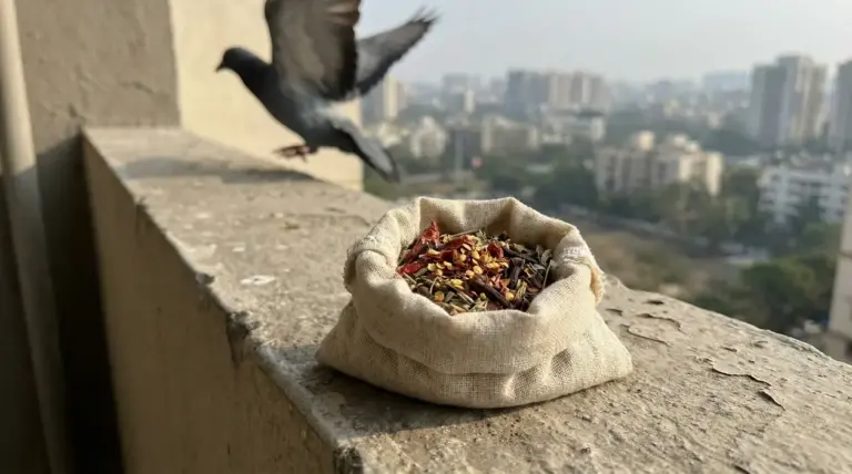 Un sacchetto di stoffa con spezie su un davanzale, con un piccione in volo sullo sfondo