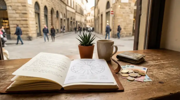 Taccuino con oroscopo aperto su un tavolo, accanto a una pianta, una tazza, un portafoglio e delle banconote e monete