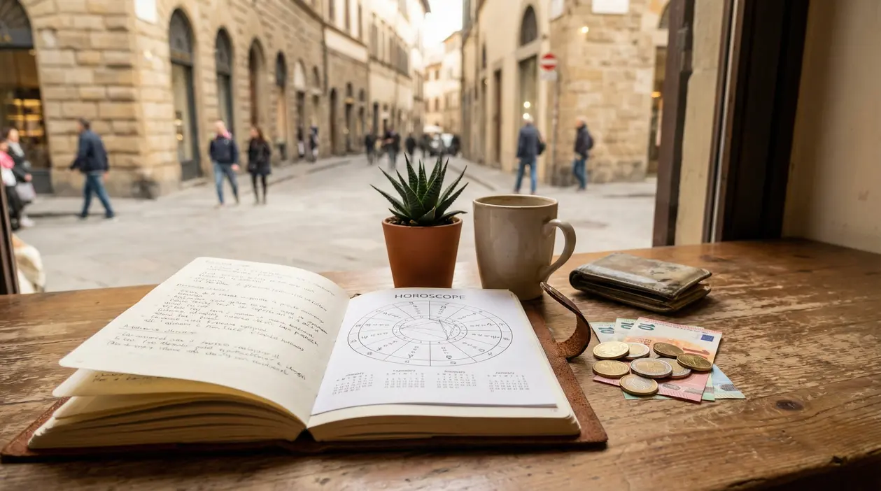 Taccuino con oroscopo aperto su un tavolo, accanto a una pianta, una tazza, un portafoglio e delle banconote e monete