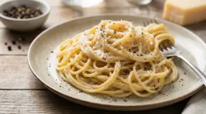 Piatto di spaghetti cacio e pepe servito con forchetta su tavolo in legno