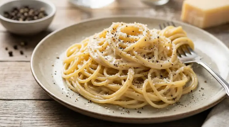 Piatto di spaghetti cacio e pepe servito con forchetta su tavolo in legno