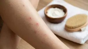 Gamba con peli incarniti e arrossamenti sulla pelle, accanto a crema e spazzola esfoliante