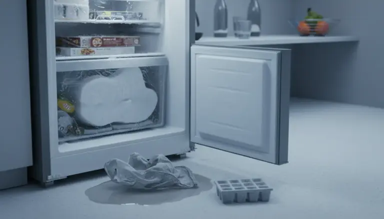 Congelatore aperto con ghiaccio e acqua sul pavimento della cucina