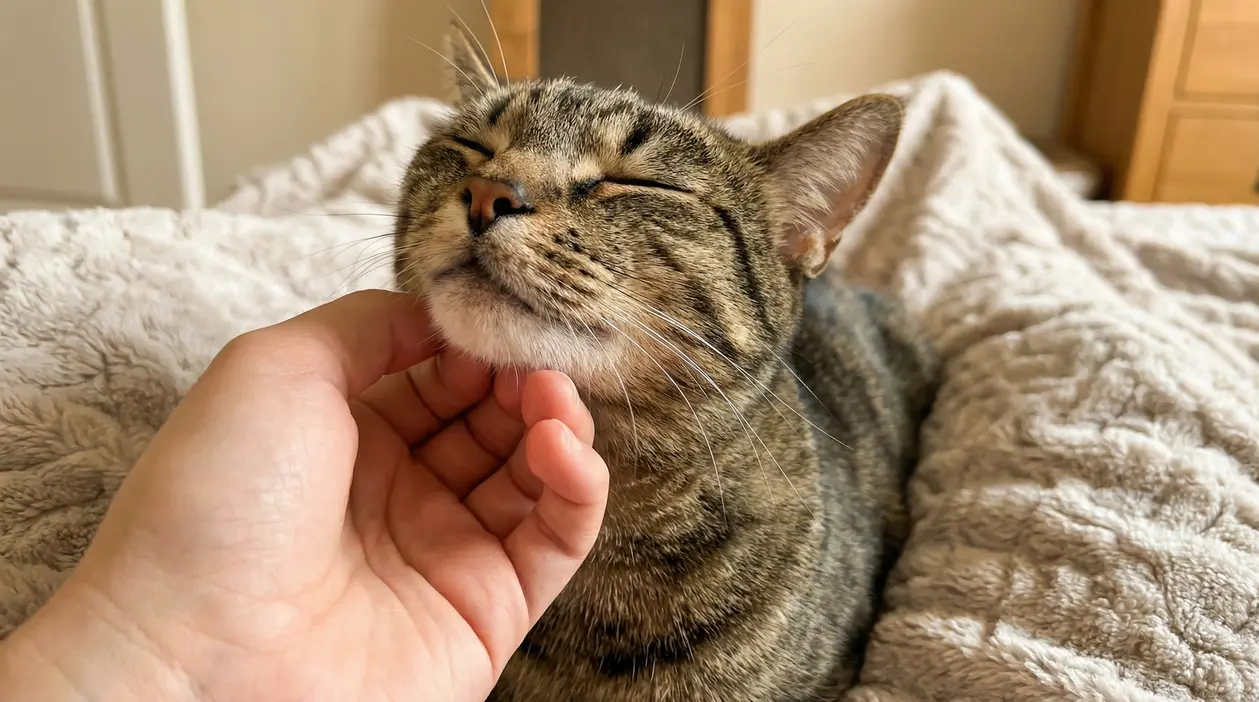 Gatto tigrato rilassato mentre viene accarezzato sotto il mento da una mano umana