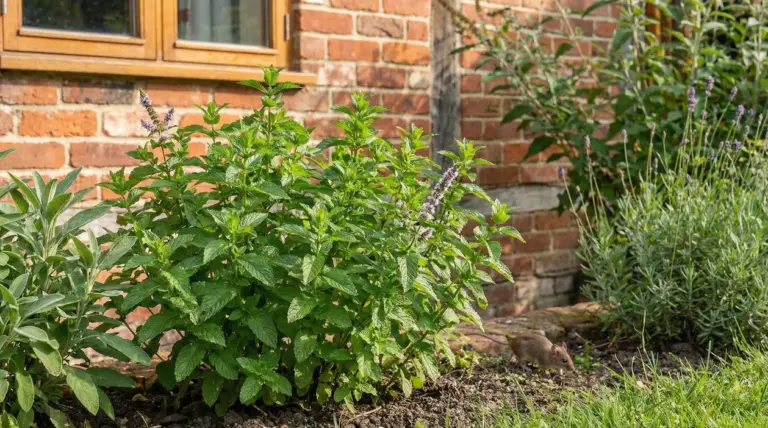 Piante aromatiche in un giardino vicino a un muro in mattoni con un piccolo topo in primo piano