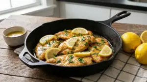 Filetti di pollo al limone in padella di ghisa con fettine di limone e prezzemolo fresco