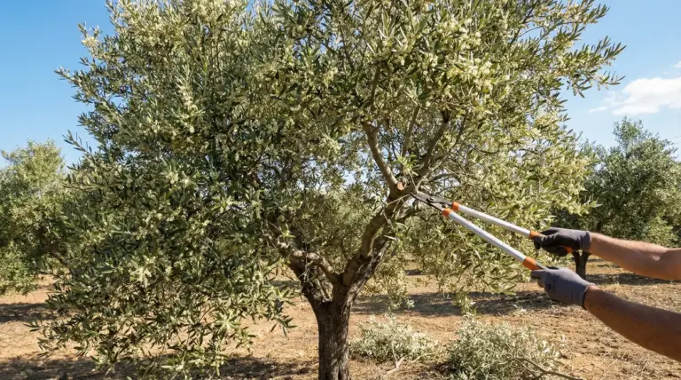 Una persona pota un albero di ulivo con cesoie da potatura in un campo soleggiato