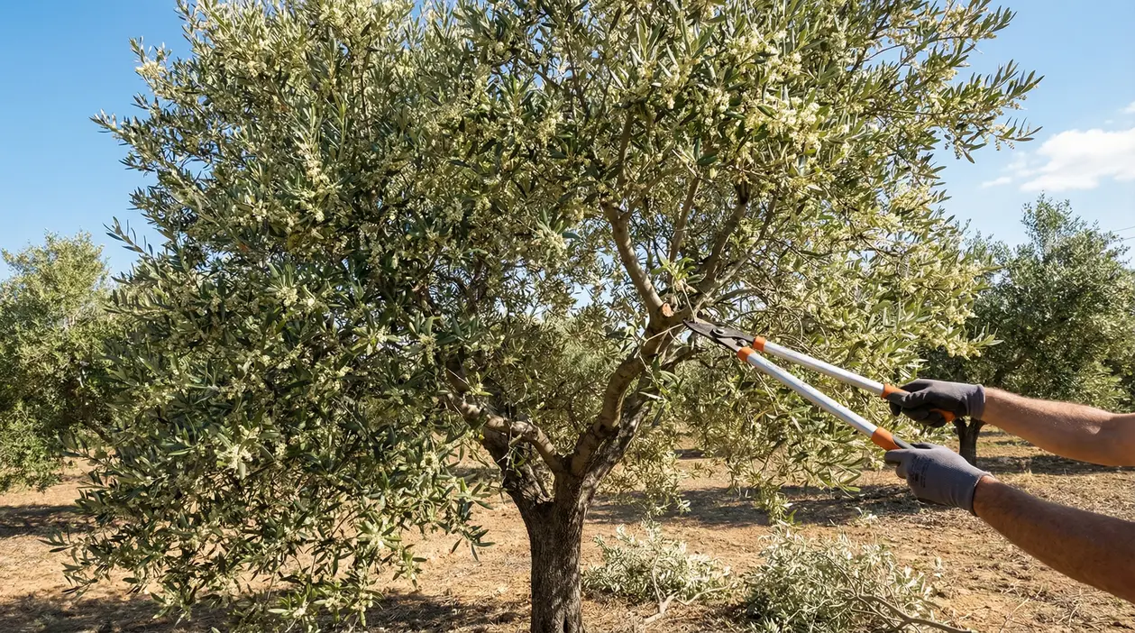 Una persona pota un albero di ulivo con cesoie da potatura in un campo soleggiato