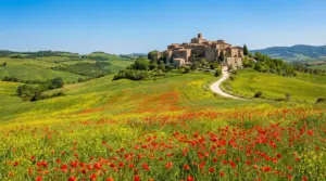 Borgo collinare in Umbria circondato da campi fioriti e colline verdi sotto un cielo sereno