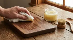 Mano che applica un prodotto naturale su una tavoletta di legno con un panno morbido