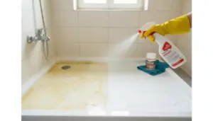 Base del box doccia ingiallita mentre viene spruzzato un prodotto sbiancante