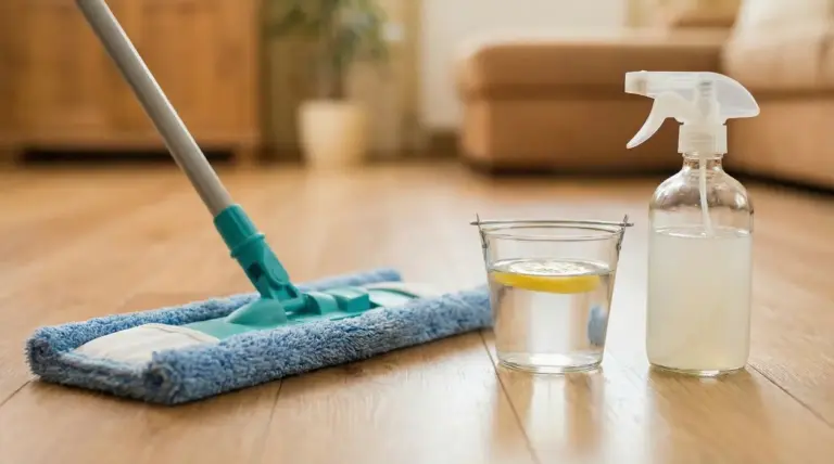 Pavimento pulito con mocio, secchio d'acqua e spray naturale su parquet