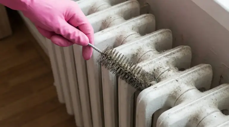 Una mano con guanto rosa pulisce un termosifone in ghisa con una spazzola cilindrica