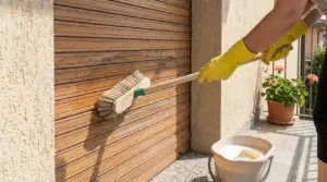 Persona con guanti gialli pulisce una persiana esterna in legno con una spazzola.