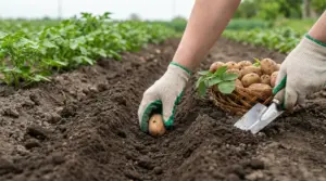 Mani con guanti che piantano patate in un orto con terreno fresco