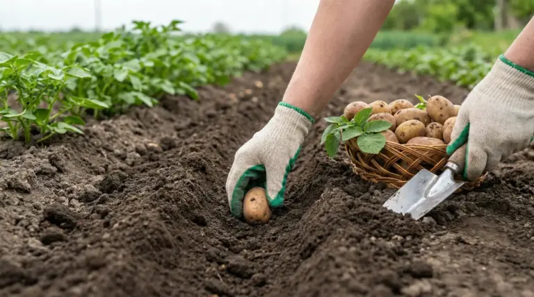 Mani con guanti che piantano patate in un orto con terreno fresco