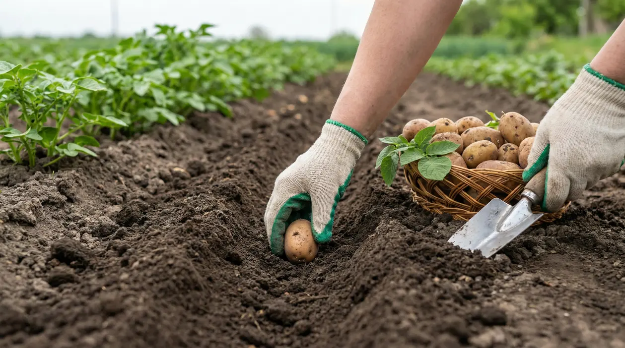 Mani con guanti che piantano patate in un orto con terreno fresco