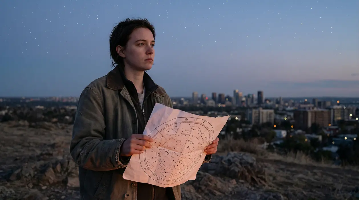 Persona con una mappa astrologica osserva il cielo notturno da una collina sopra una città