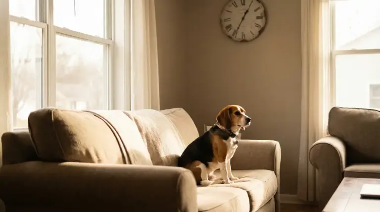 Cane da solo seduto su un divano in un soggiorno illuminato dal sole.
