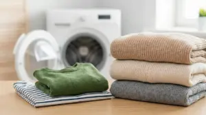 Pile di vestiti piegati davanti a una lavatrice aperta in un ambiente domestico