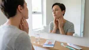 Persona che si osserva allo specchio toccandosi il collo, possibile autocontrollo dei linfonodi.