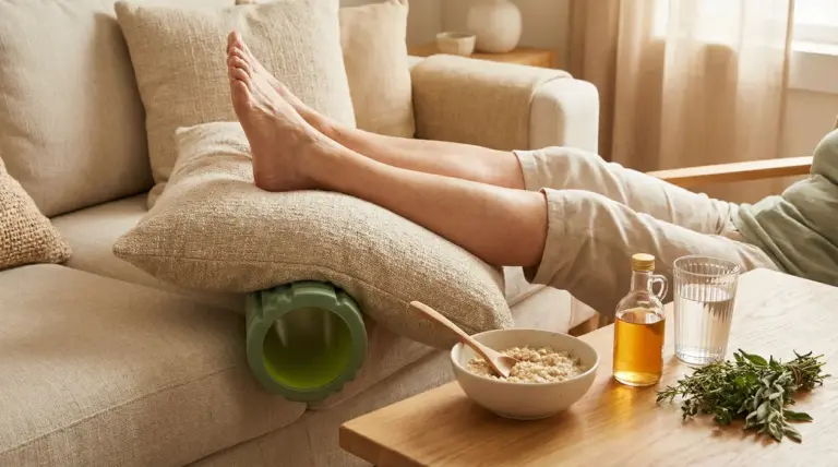 Persona rilassata con le gambe sollevate su cuscini, accanto a rimedi naturali su un tavolino