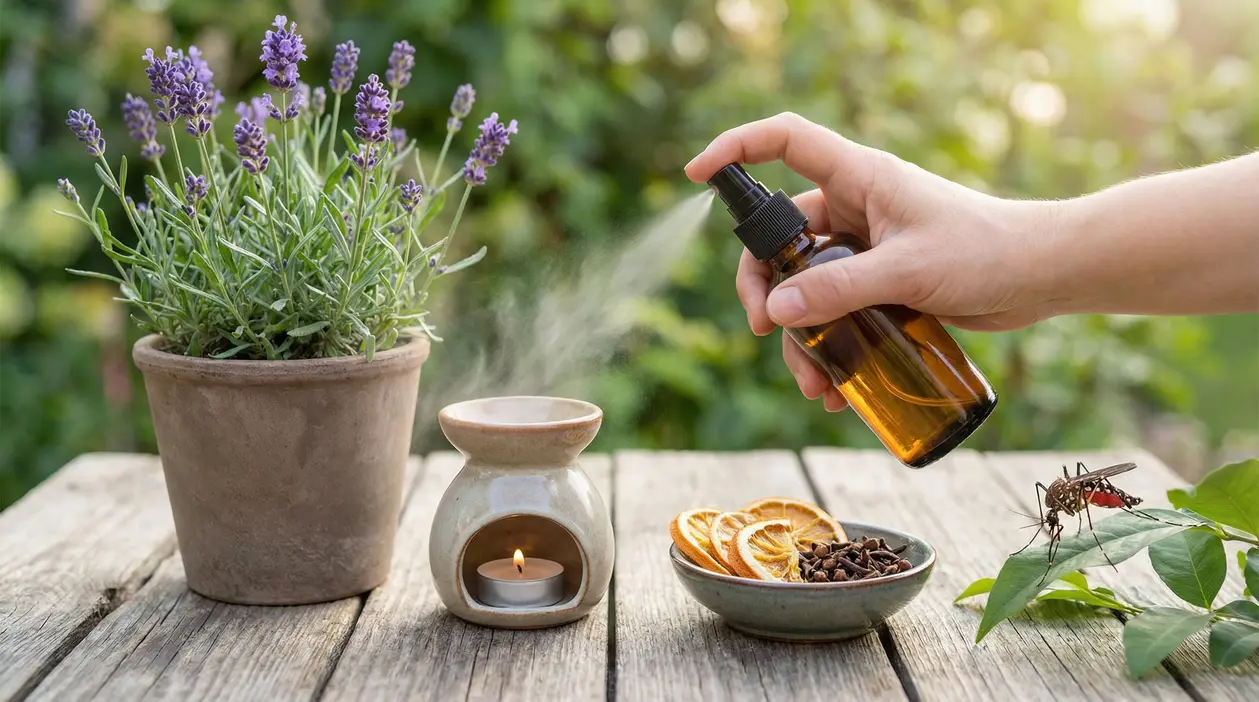 Spray naturale con lavanda, arancia e chiodi di garofano contro le zanzare in giardino