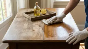 Una persona lucida un mobile in legno con un panno, olio d'oliva e limone