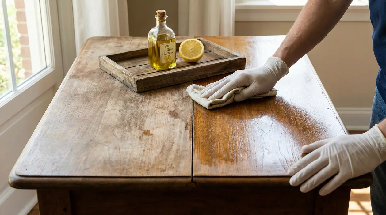 Una persona lucida un mobile in legno con un panno, olio d'oliva e limone