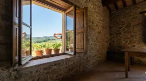 Finestra aperta in casa rustica con vasi di piante e vista su colline verdi