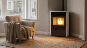 Stufa a pellet accesa in un soggiorno con poltrona e coperta