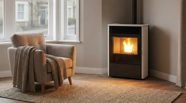 Stufa a pellet accesa in un soggiorno con poltrona e coperta