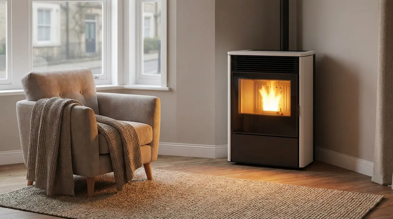 Stufa a pellet accesa in un soggiorno con poltrona e coperta