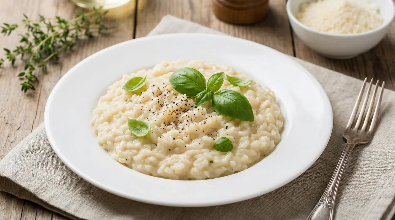Piatto di risotto cremoso guarnito con foglie di basilico e pepe nero