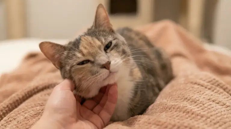 Gatto rilassato accarezzato sotto il mento mentre è sdraiato su una coperta