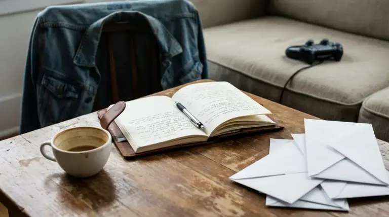 Taccuino aperto con penna, tazza di caffè e buste su un tavolo di legno
