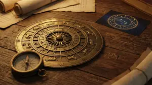 Oroscopo zodiacale in bronzo su tavolo di legno con bussola e pergamene antiche